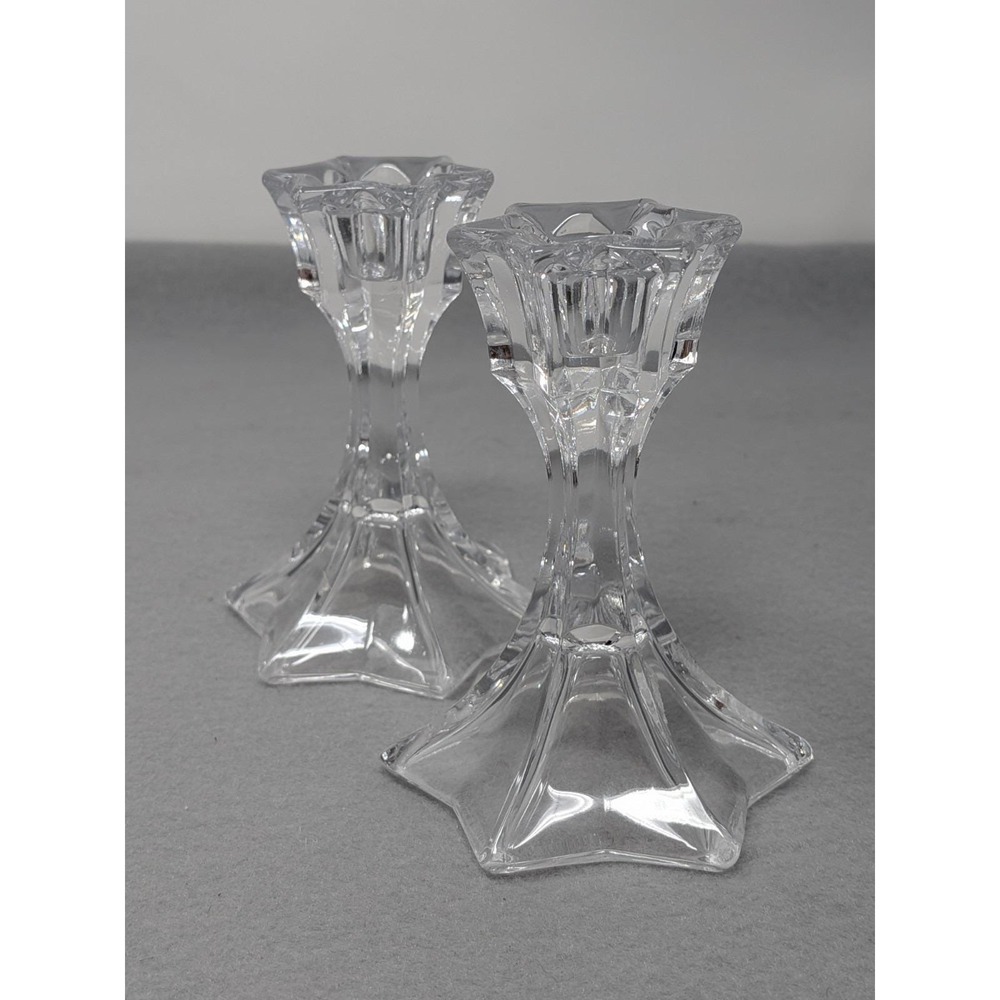 Set of 2 Vintage Clear Glass Candlestick Candle Holders Star Shaped Base 4" Tall